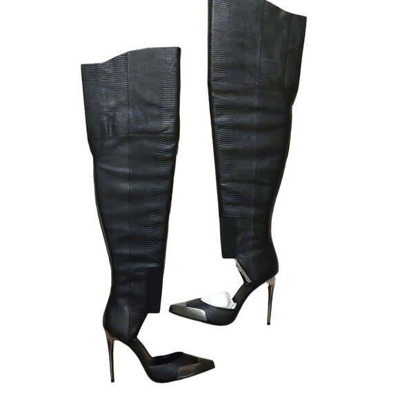 BCBGMAXAZARIA Concorde Stampede Over the Knee Black Leather Lizard Boots $695 - Picture 3 of 12